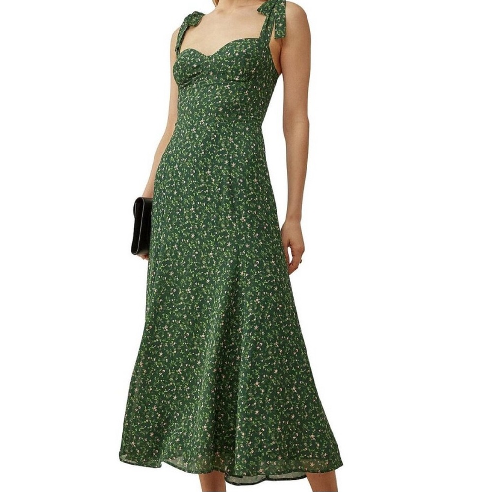 Reformation Nadira Coriander Green Bustier Tie Shoulders Floral Midi Dress 8